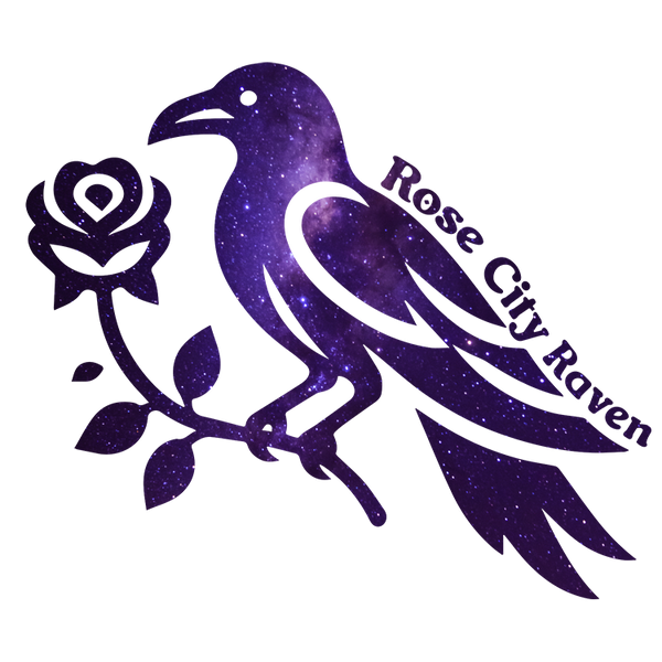 Rose City Raven Metaphysical Shop Logo featuring vector Raven perched on a rose stem with a galaxy fill